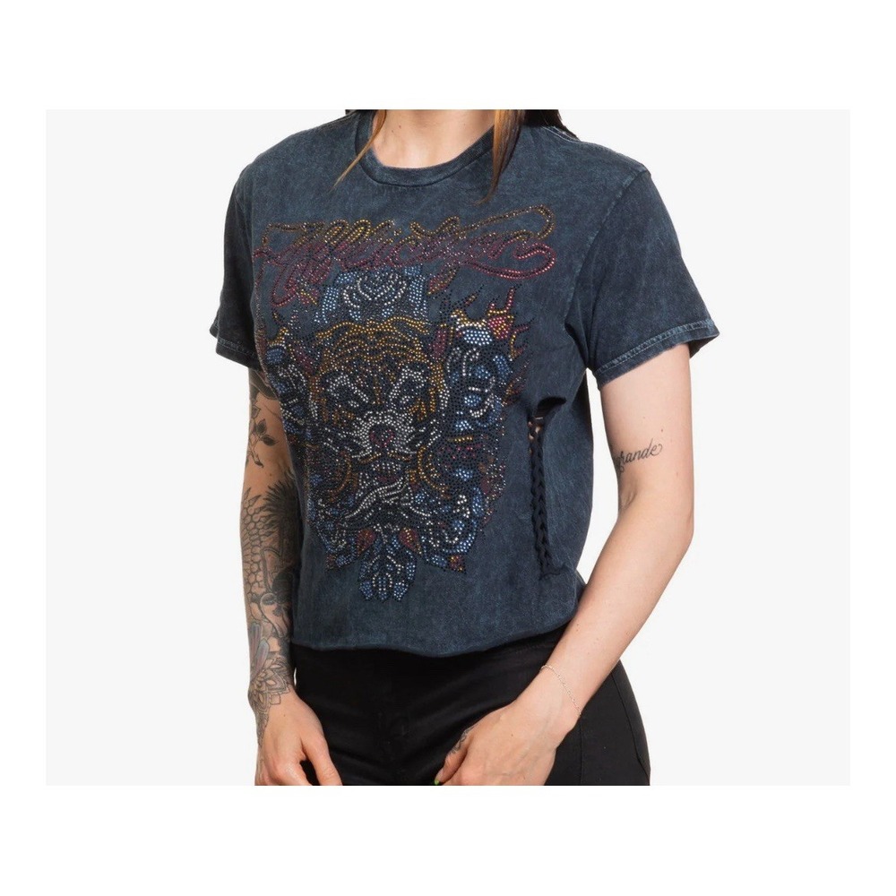 Affliction Black Label Women's Live Fast Rhinestones Distressed Tiger Tee XL NEW - Picture 2 of 12